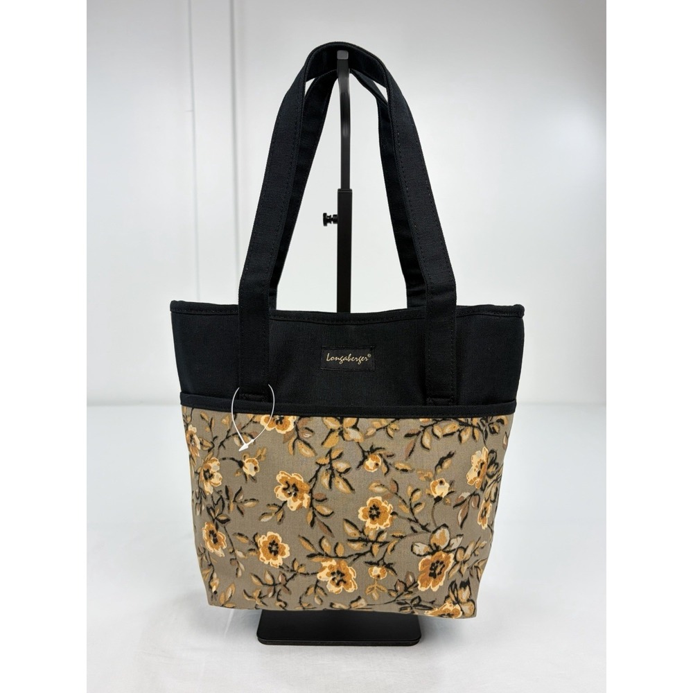 Vintage New Longaberger Faith Fabric Tote Bag Black Canvas Floral Shoulder Purse